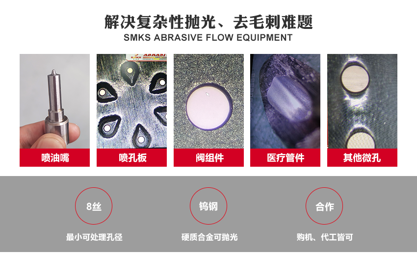 SMKS磨料流設(shè)備工藝原理 斯曼克磨粒流，使用金剛石微粉或碳化硅微粉等各式研磨劑混合成高分子彈性柔軟的磨料， 通過(guò)上下擠壓運(yùn)動(dòng)使磨料通過(guò)內(nèi)孔流道或加工面，以往復(fù)運(yùn)動(dòng)的方式來(lái)進(jìn)行表面研磨拋光。 針對(duì)各式內(nèi)孔流道、微細(xì)孔、復(fù)雜內(nèi)型腔、齒面、曲面或不規(guī)則面的拋光去毛刺，具有極佳效果。 安/全/環(huán)/保：磨料符合環(huán)保標(biāo)準(zhǔn)：無(wú)高熱，無(wú)溶液，低分貝，無(wú)粉塵